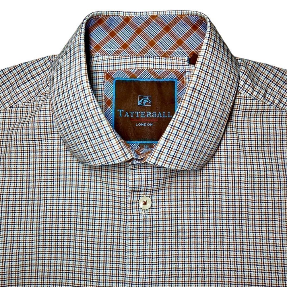 Tattersall London Cotton Check Dress Shirt in Cream/Brown/Navy Men’s 16-32/33